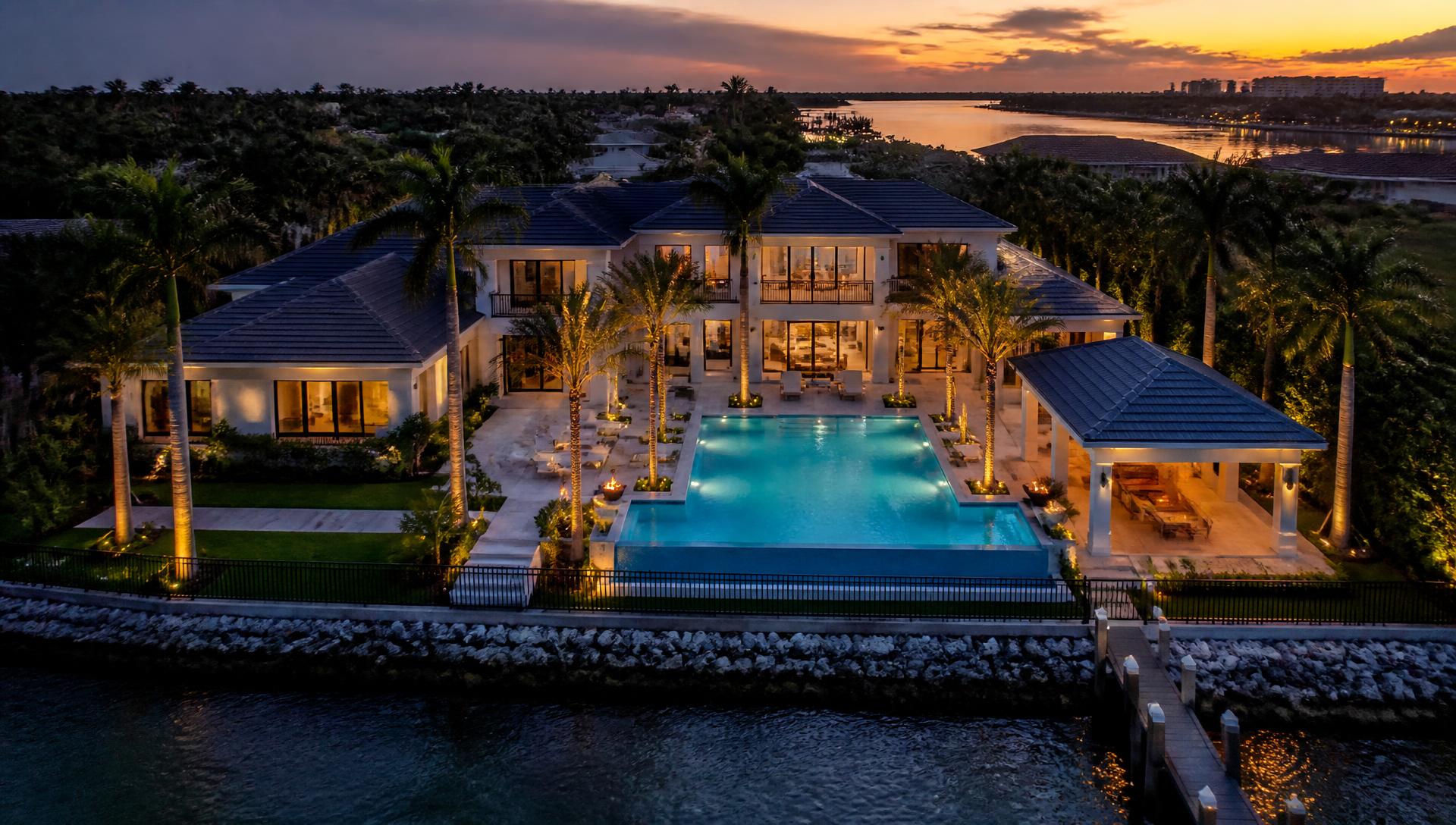 Luxury waterfront estate at sunset in Southwest Florida